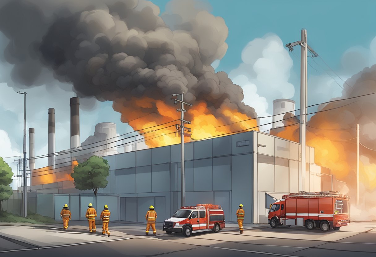 Smoke billows from a burning industrial site in Tuas, Singapore, with emergency responders on the scene