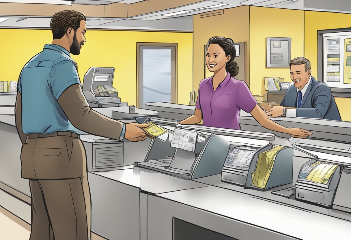 A hand reaches out to receive money at a Western Union counter, while a customer service representative assists nearby
