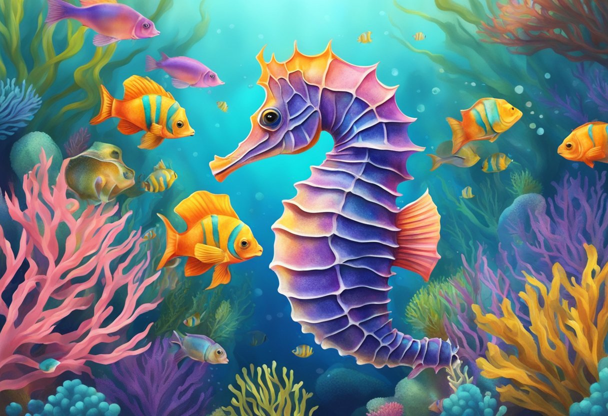 A seahorse gracefully swims through the vibrant coral reefs of Singapore, surrounded by colorful fish and swaying sea plants