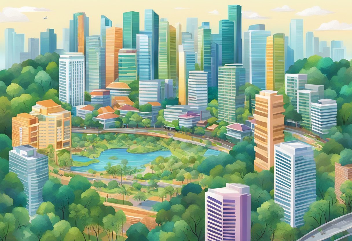 A bustling cityscape with modern skyscrapers, lush greenery, and a vibrant mix of cultures in Sats Singapore