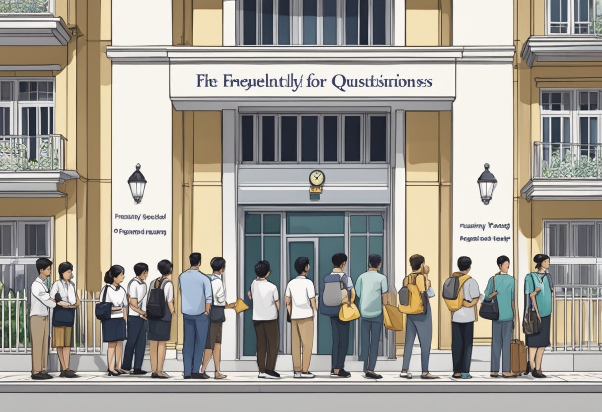 The Malaysia embassy in Singapore with a line of people waiting, a prominent sign displaying "Frequently Asked Questions" and staff assisting visitors