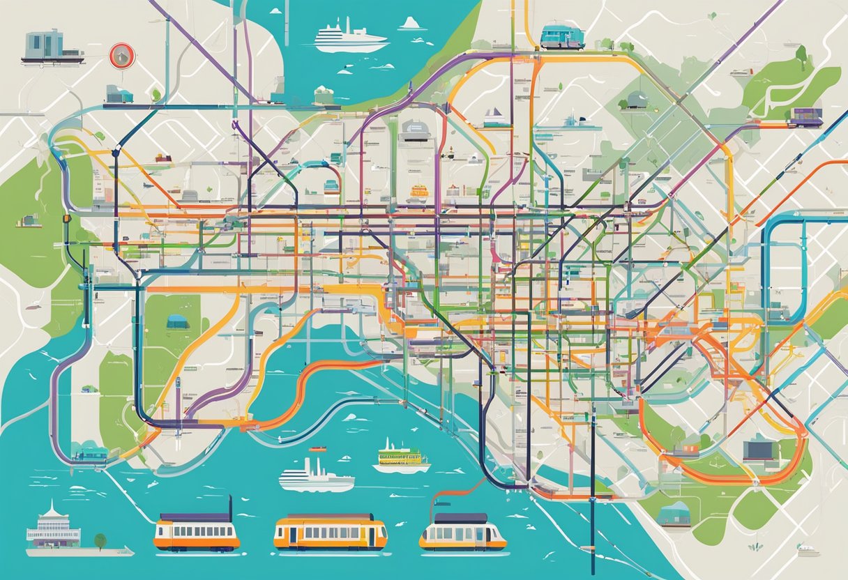 A colorful and intricate Singapore metro map, with various lines and stations interconnected, showcasing the efficient and extensive public transportation system