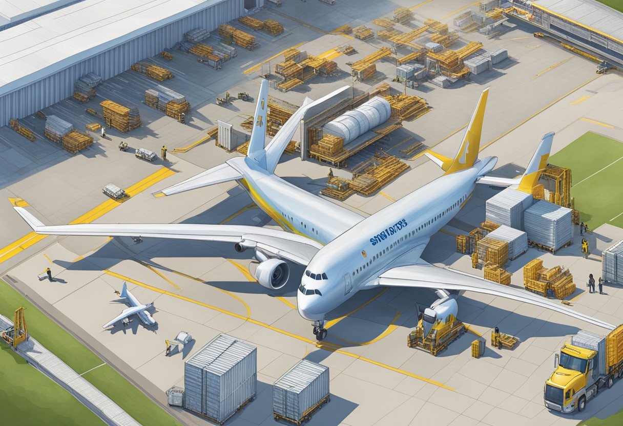A bird's-eye view of SATS Singapore with airplanes on the runway and workers loading cargo onto the aircraft