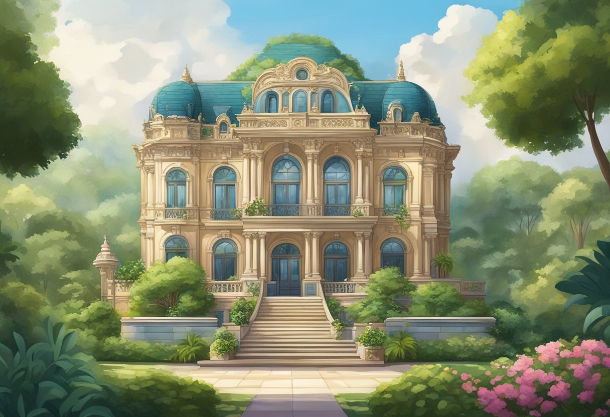 A grand, ornate building with intricate architectural details, set against a backdrop of lush greenery and serene surroundings