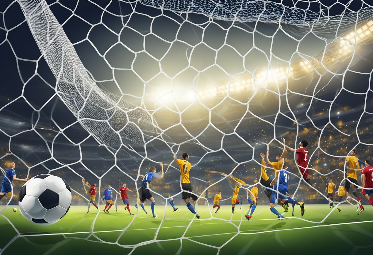 A soccer ball flying into the net, with players celebrating in the background