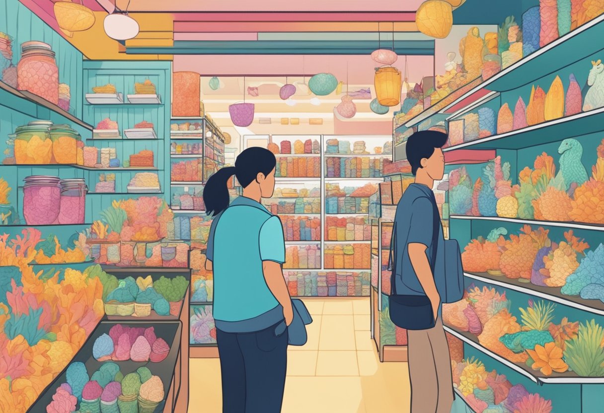 Customers browse shelves of sea horse-themed products in a vibrant Singaporean store. The colorful displays include souvenirs, artwork, and trinkets