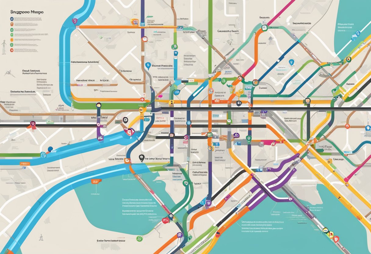 Passengers navigate the Singapore metro map, pointing at destinations and checking their routes. The map is colorful and detailed, with clear station markers and route lines