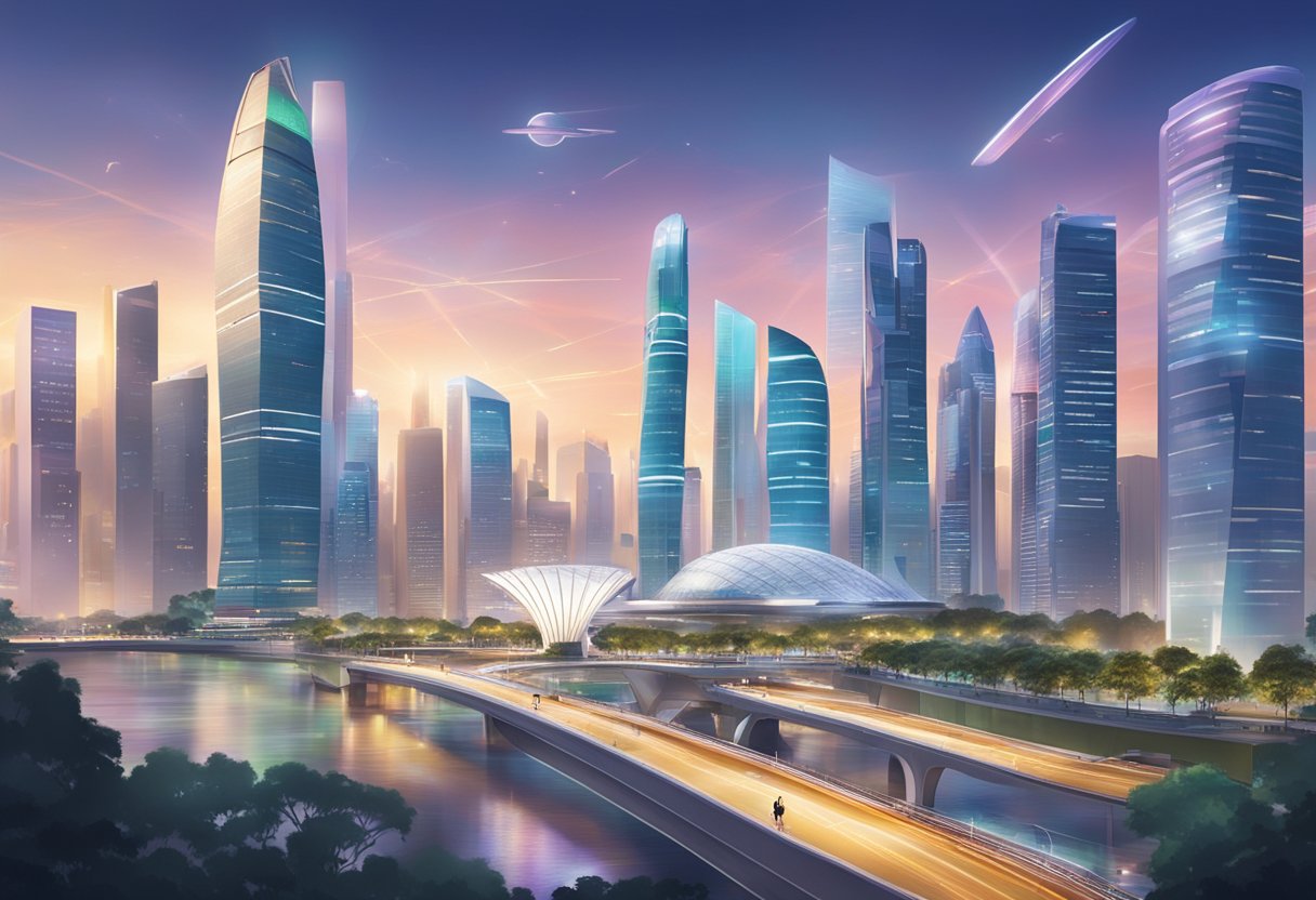 A bustling city skyline with futuristic buildings and a vibrant atmosphere, showcasing Singapore's commitment to innovation