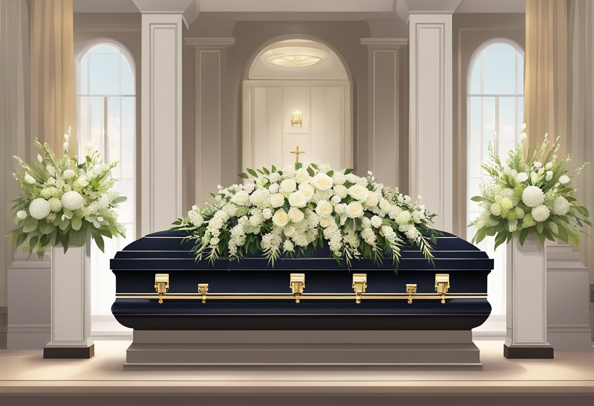 A serene funeral service in Singapore, with a Singapore casket as the focal point. Floral arrangements and soft lighting create a peaceful atmosphere