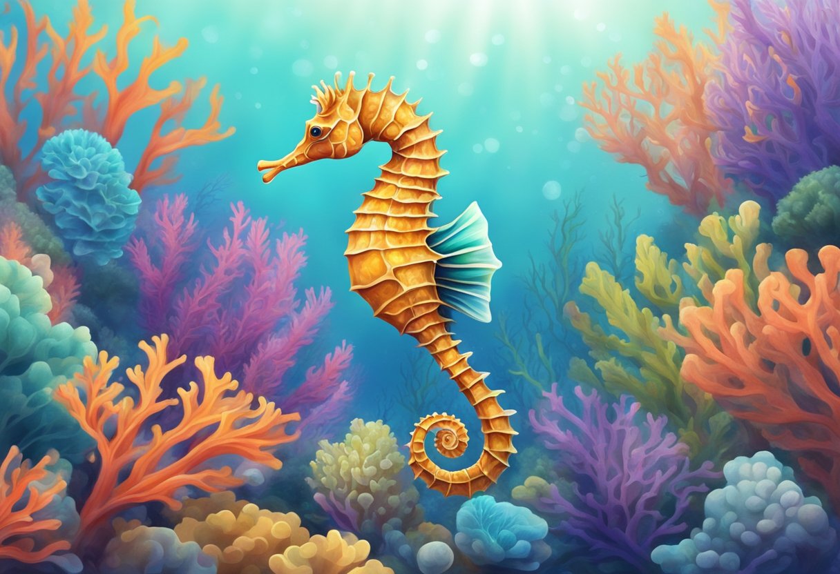 A seahorse swimming among colorful coral in a clear, tropical sea