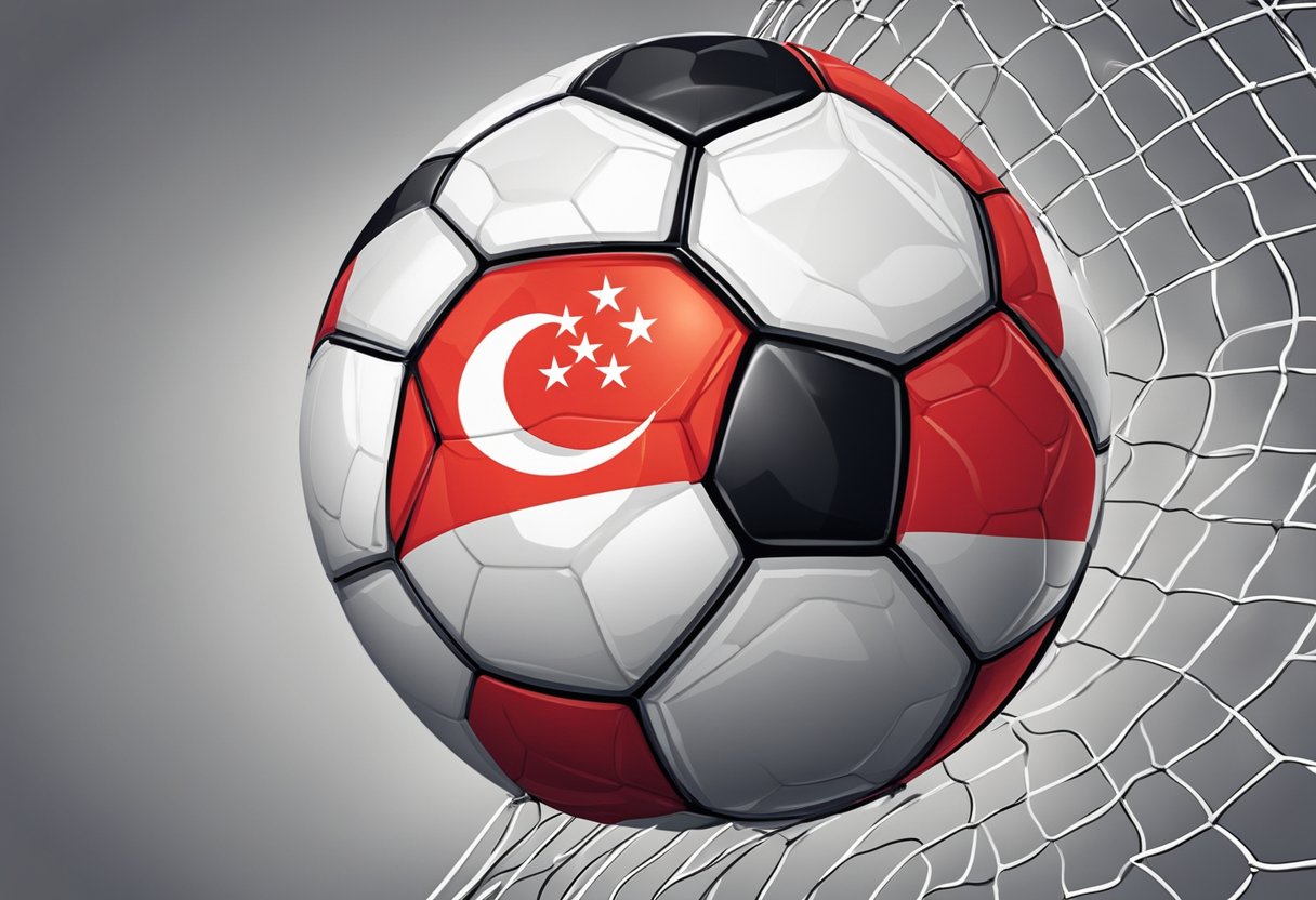 A soccer ball flying into the net with the Singapore flag waving in the background