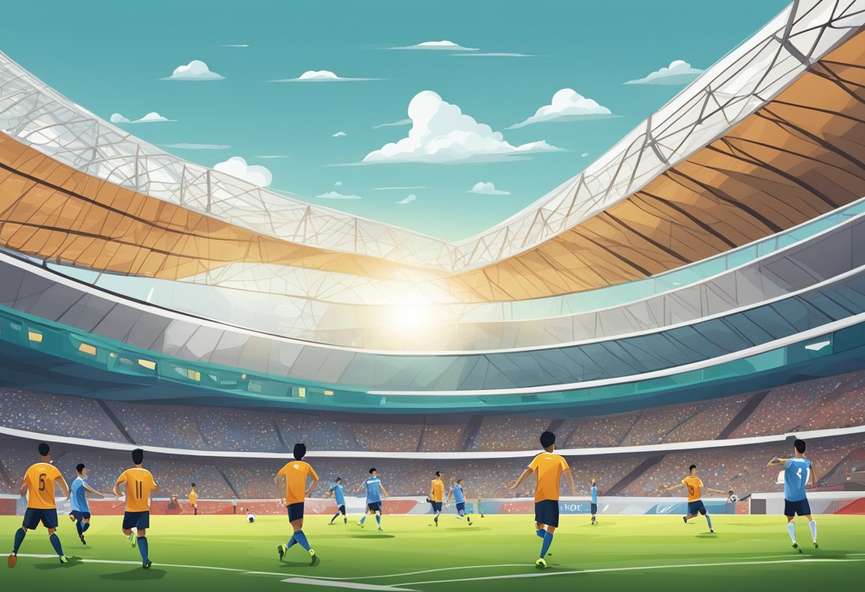 A bustling soccer stadium with iconic landmarks of Singapore in the background, showcasing the passion and energy of the local soccer culture