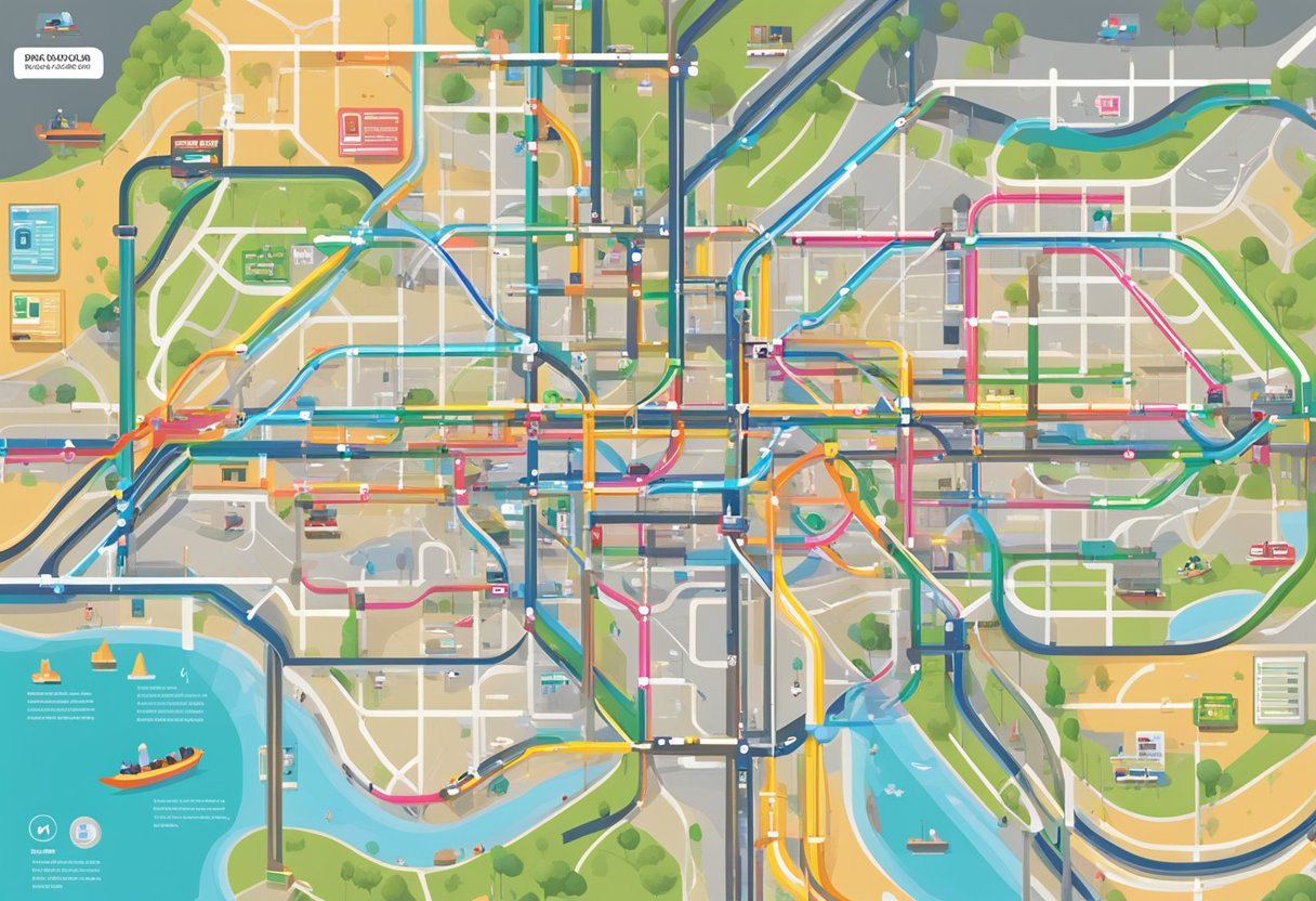 The Singapore metro map is displayed on a digital screen, surrounded by bustling commuters and colorful signage