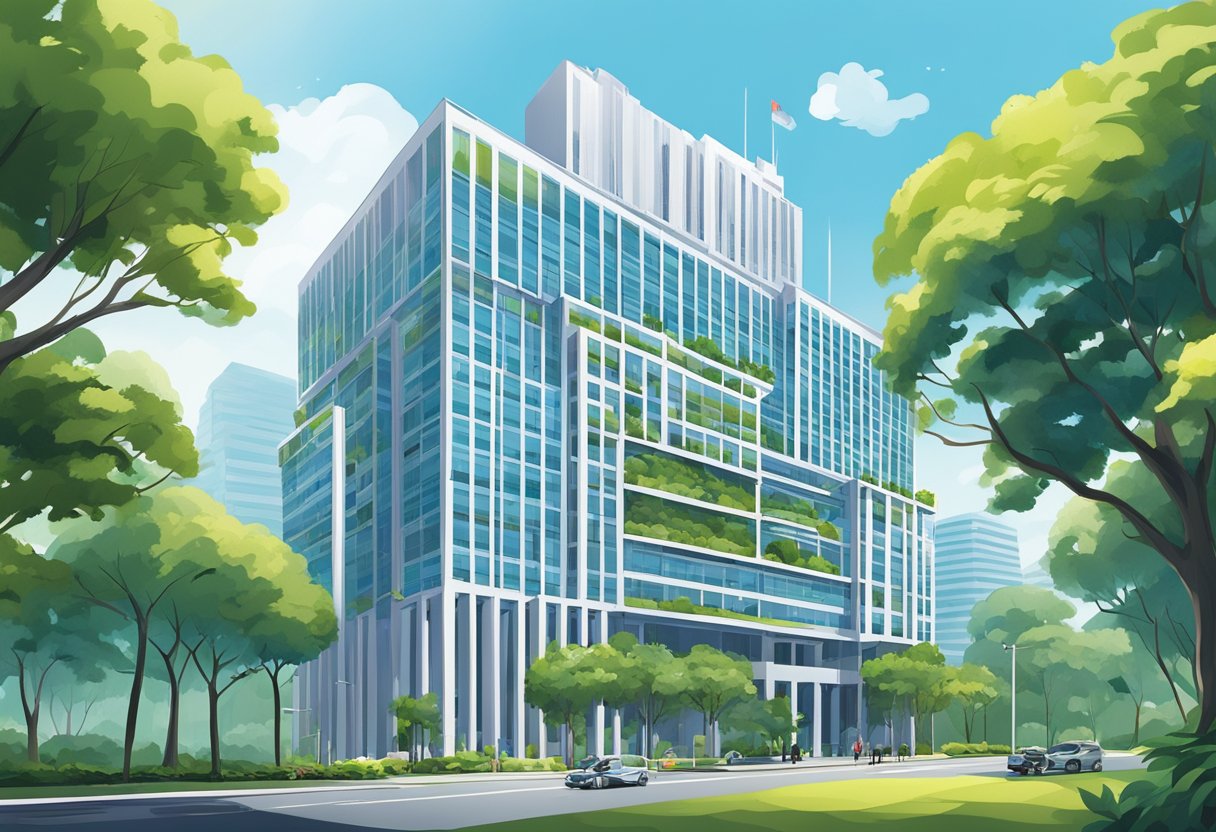 The Ministry of Health Singapore building stands tall and modern against a clear blue sky, surrounded by lush greenery and a bustling cityscape