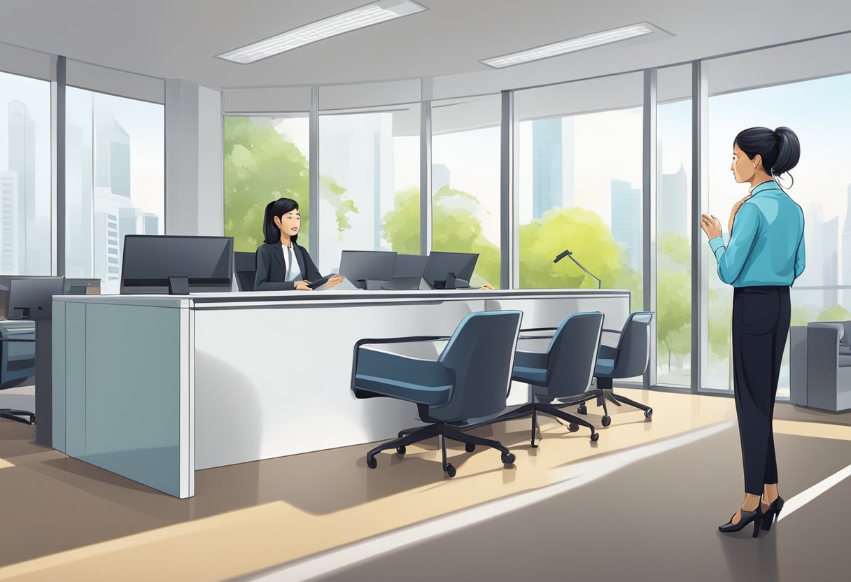 A customer service representative at Singapore Casket answers questions from clients in a bright, modern office setting