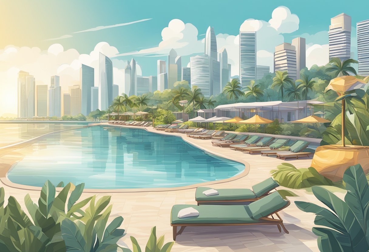 A sunny beach with palm trees, a luxurious hotel pool, and iconic city skyline in the background, showcasing the best staycation deals in Singapore
