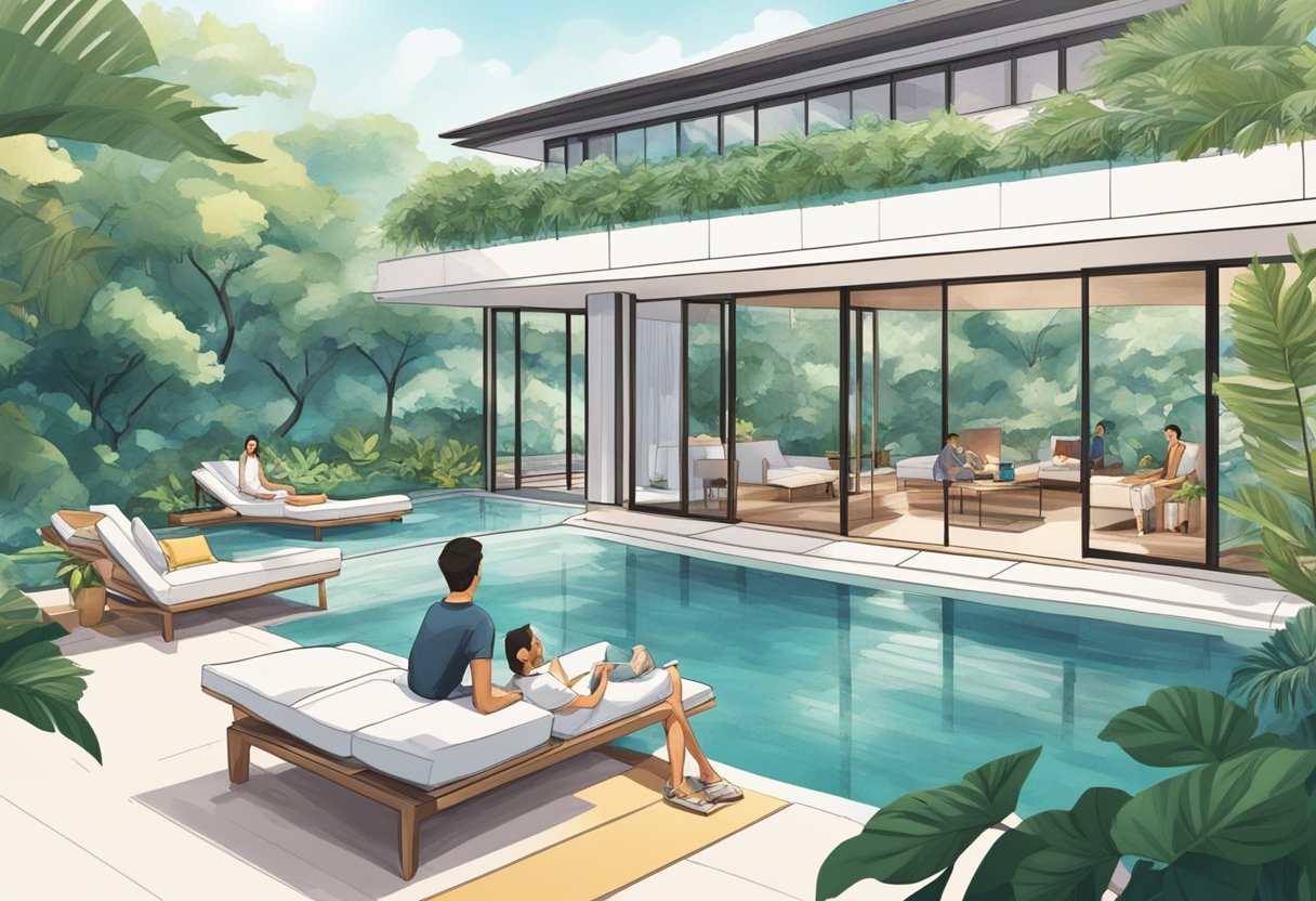 A couple lounges by a luxurious pool, surrounded by lush greenery and modern architecture, as they discover staycation deals in Singapore