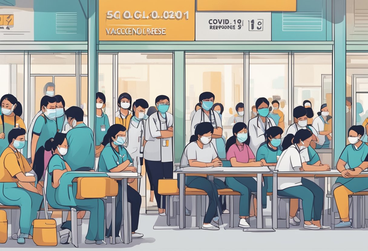 A bustling vaccination center with people waiting in line, healthcare workers administering shots, and signs promoting Covid-19 response in Singapore