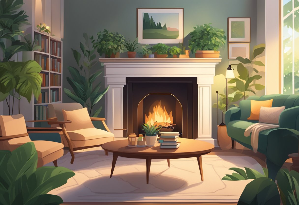 A cozy living room with a warm fireplace, plush sofa, and a stack of books, surrounded by lush green plants and soft ambient lighting