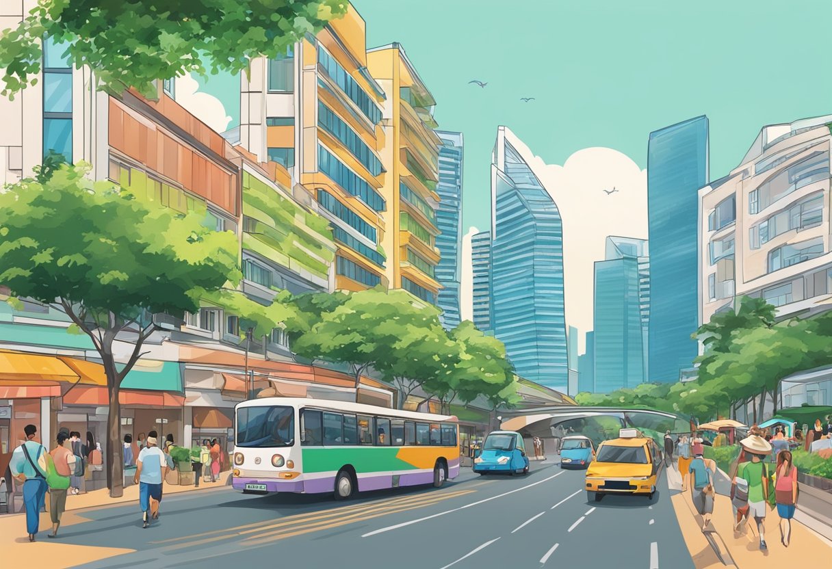 Busy street with colorful buildings and lush greenery. Iconic landmarks like the Marina Bay Sands and the Singapore Flyer in the background
