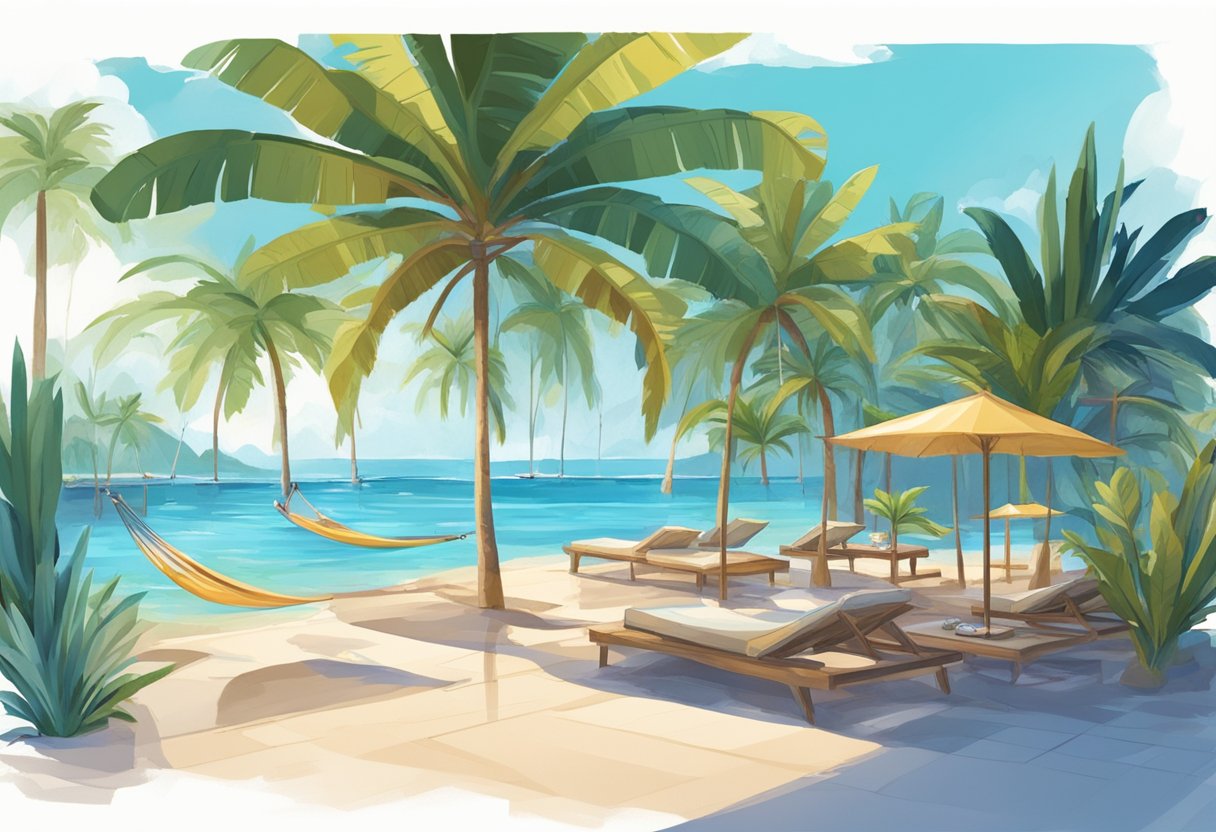 A tropical beach with palm trees, clear blue water, and a luxurious resort in the background. A couple lounging in hammocks, while others enjoy the pool and outdoor dining area