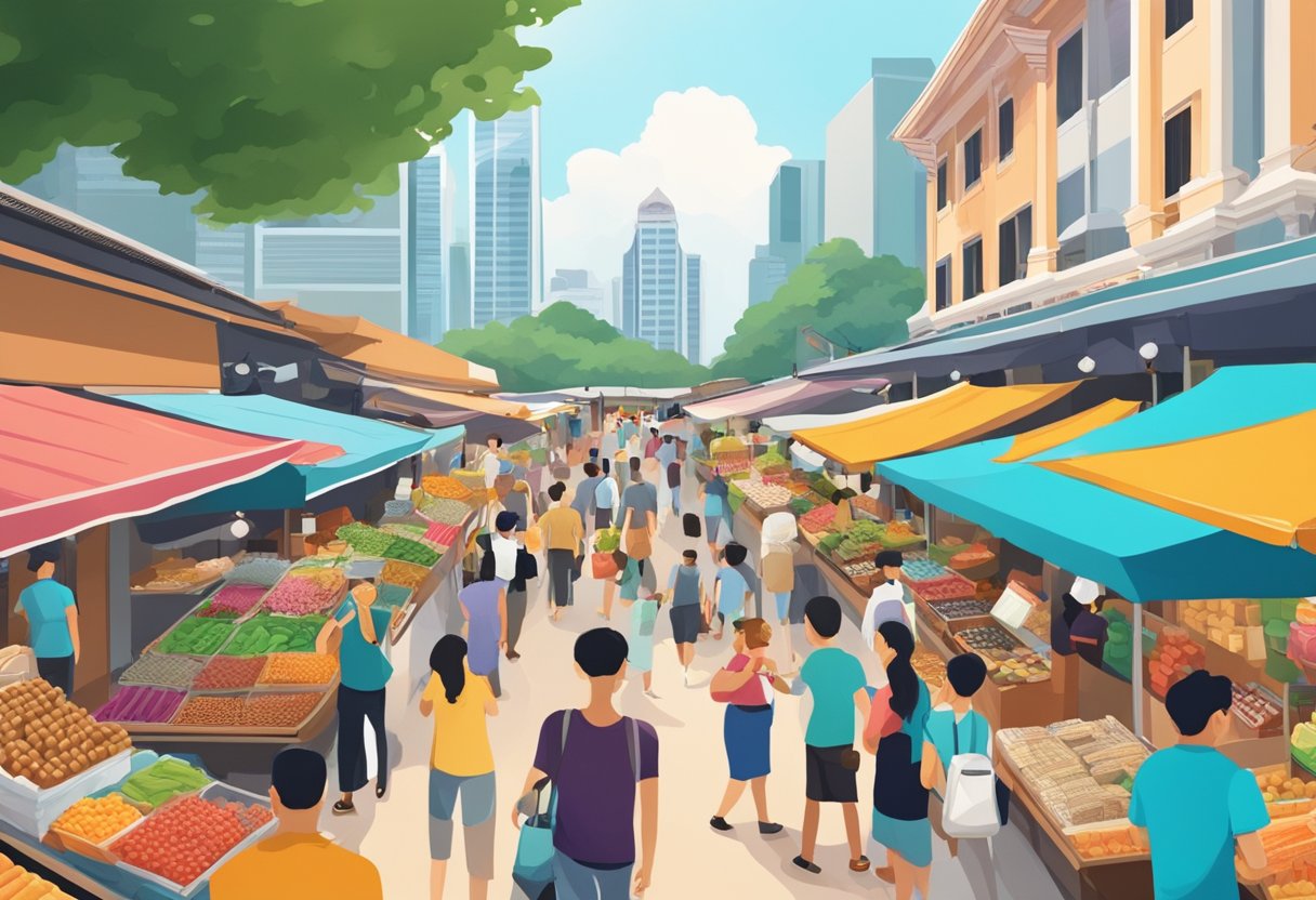 A bustling street market in Singapore, filled with vibrant colors and unique local products, surrounded by iconic landmarks and bustling with tourists