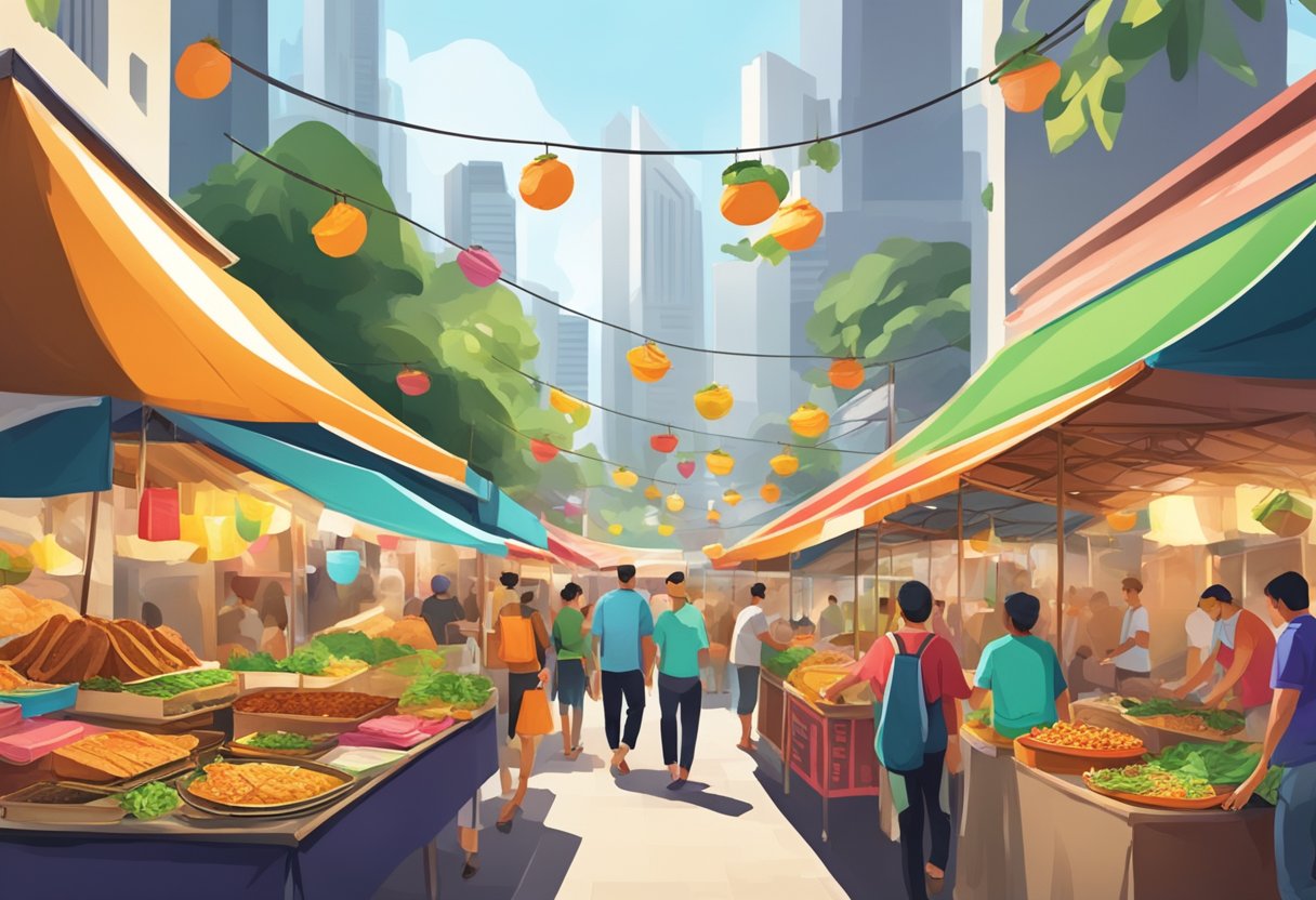 A vibrant street market with colorful food stalls, showcasing an array of savory tacos in the bustling city of Singapore