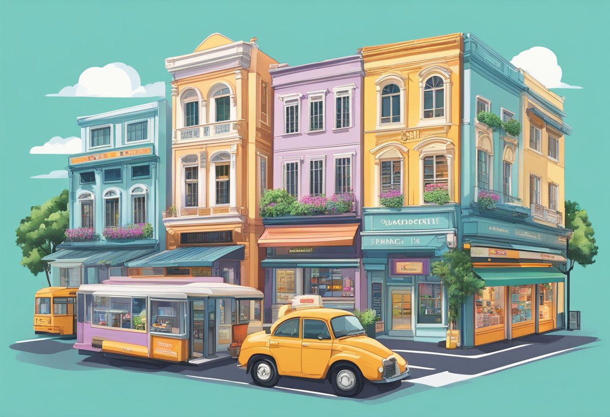 Vibrant cityscape with iconic landmarks and trendy storefronts showcasing limited edition products in Singapore