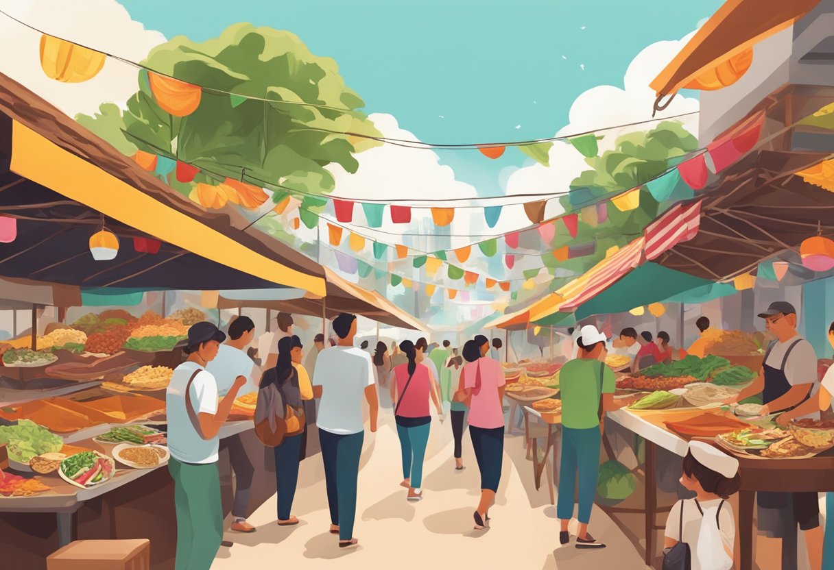 A bustling street market with colorful food stalls, showcasing a variety of taco dishes from different regions of Mexico. The aroma of sizzling meats and spices fills the air as locals and tourists alike sample the diverse flavors of taco cuisine in Singapore