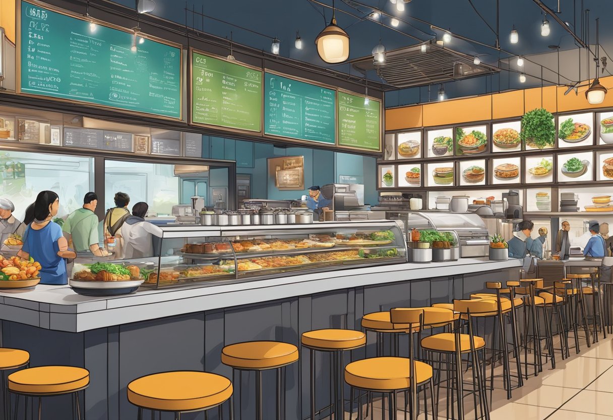 A bustling cafe in Singapore showcases a variety of culinary delights from diverse menus, with colorful dishes and aromatic beverages on display