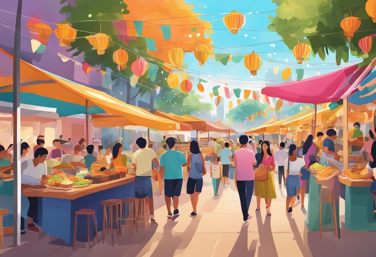 A vibrant street scene with colorful food stalls, lively music, and people enjoying tacos at a cultural event in Singapore