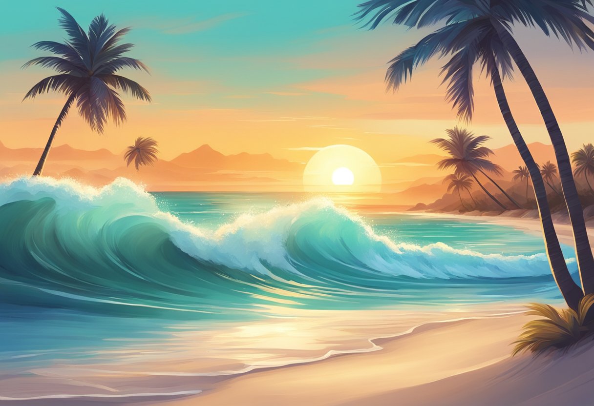 Palm trees sway on white sand, as turquoise waves crash against the shore. A vibrant sun sets over the horizon, casting a warm glow on the tranquil scene