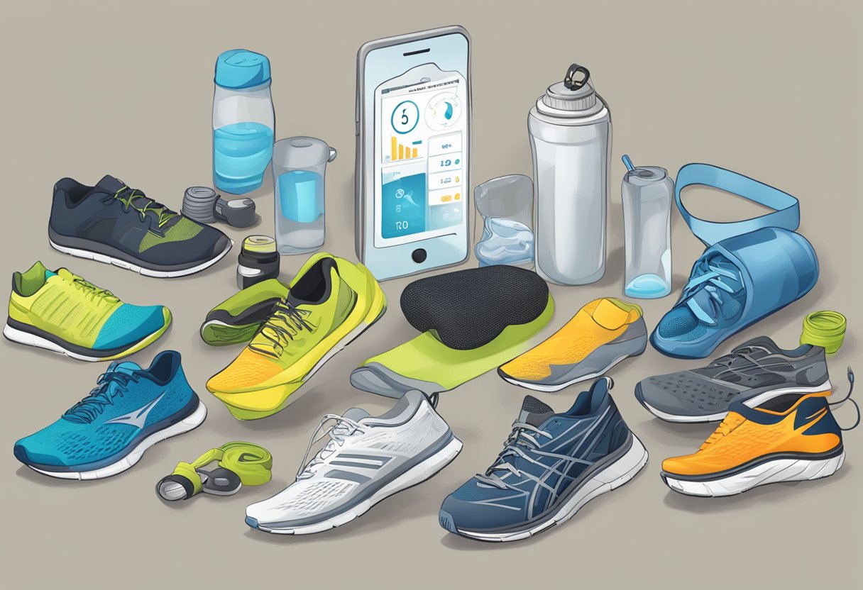 A table displaying various running gear: shoes, socks, shorts, shirts, water bottles, and a fitness tracker