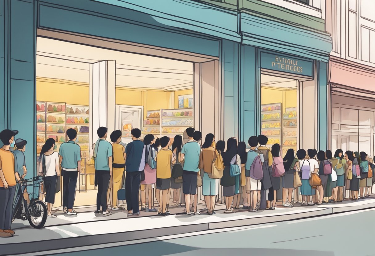 A crowd gathers outside a boutique in Singapore, eagerly waiting to purchase limited edition items. The storefront window displays exclusive merchandise