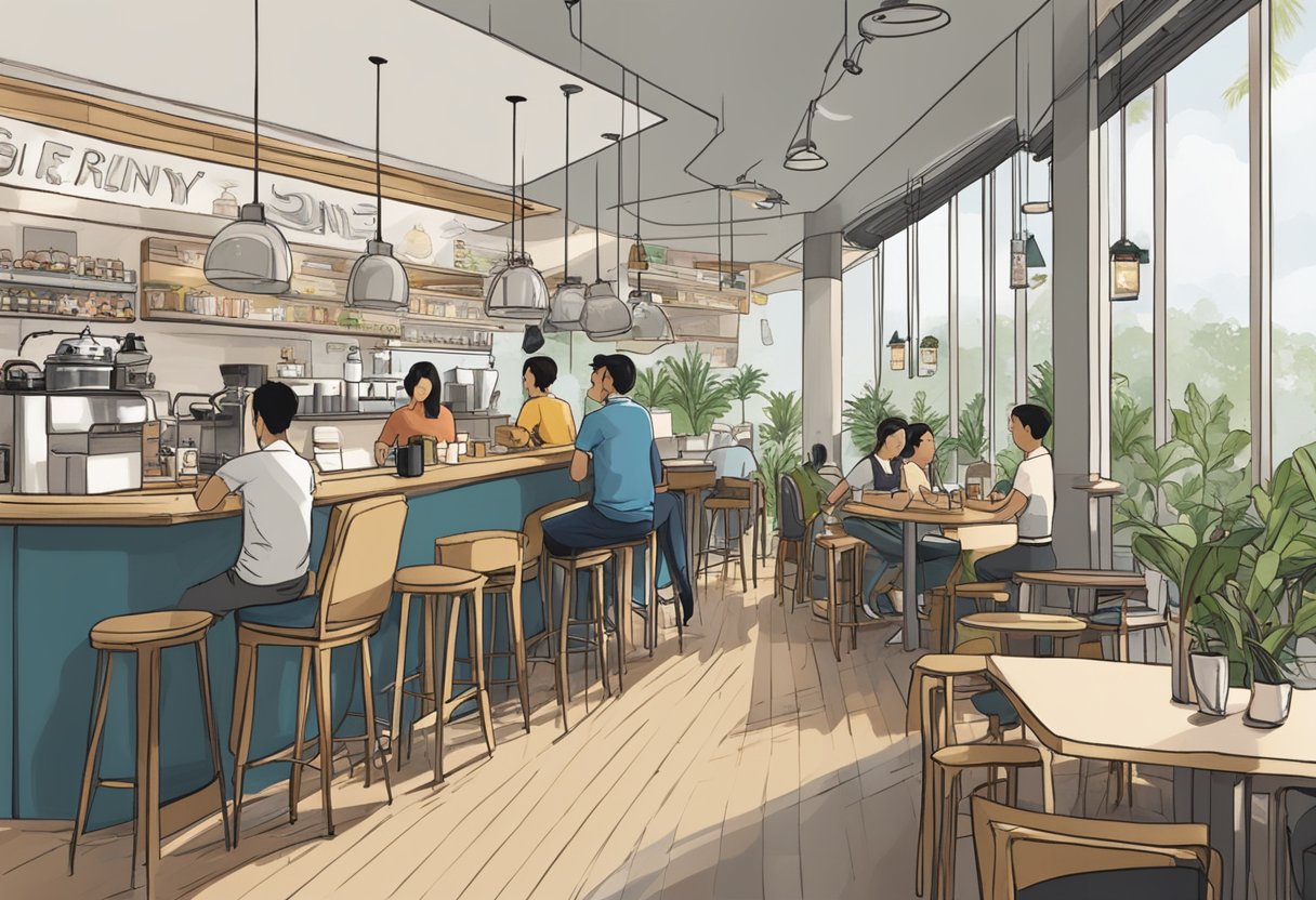 The bustling interior of a modern cafe in Singapore, with customers chatting and enjoying their coffee. A prominent sign displaying "Frequently Asked Questions" catches the eye