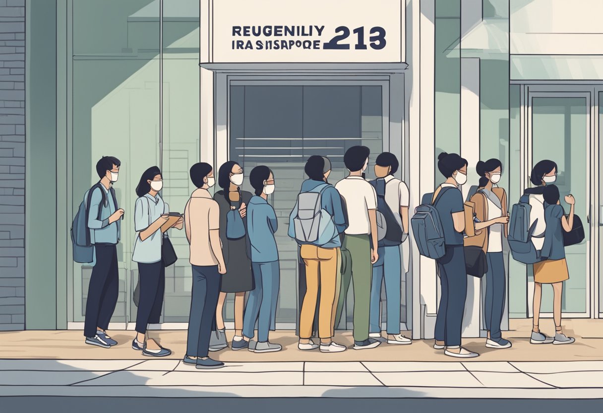 A group of people standing in line outside a building with a sign that reads "Frequently Asked Questions irun singapore."