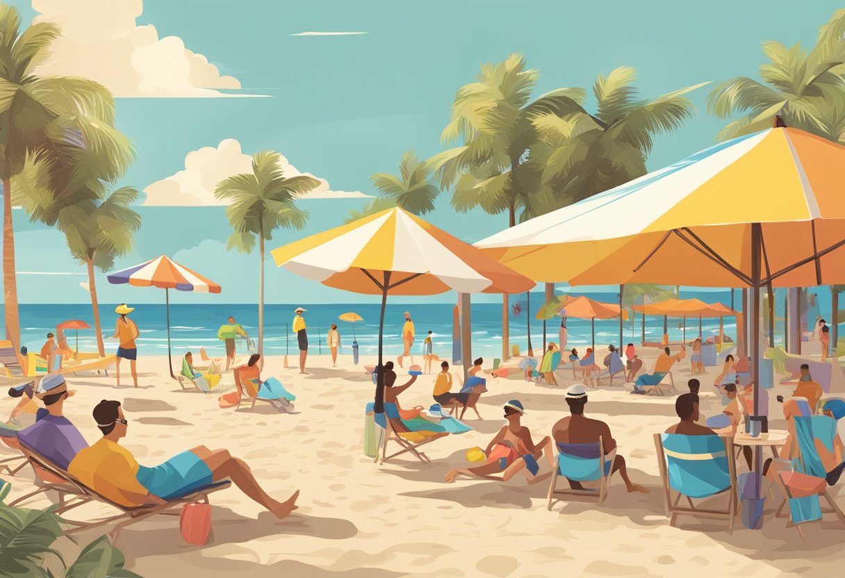 People enjoying beach volleyball, swimming, and sunbathing. Amenities include colorful umbrellas, beach chairs, and a snack bar
