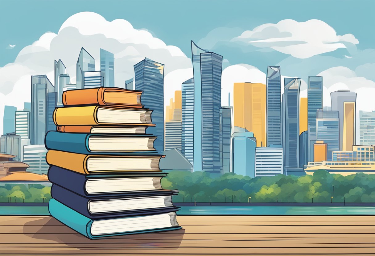 A stack of limited edition "Frequently Asked Questions" books with the Singapore skyline in the background