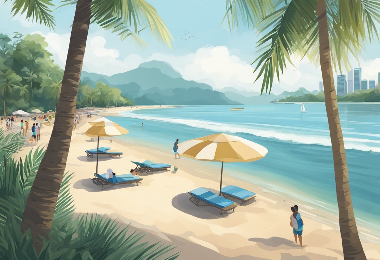 A serene beach in Singapore, with clear blue waters and palm trees lining the shore. Tourists and locals enjoy the sun and sea, while a gentle breeze rustles the palm fronds