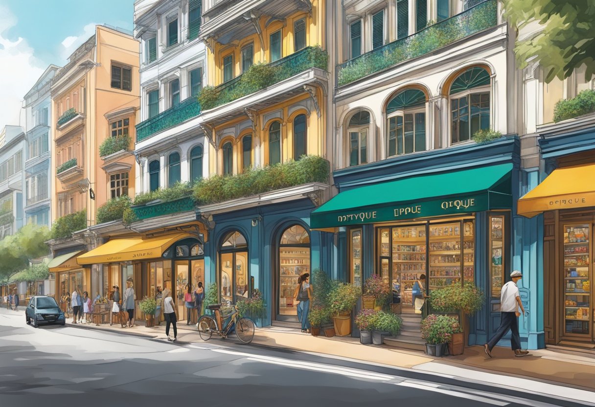 The bustling streets of Singapore surround the elegant storefront of diptyque, with vibrant colors and diverse architecture creating a lively atmosphere