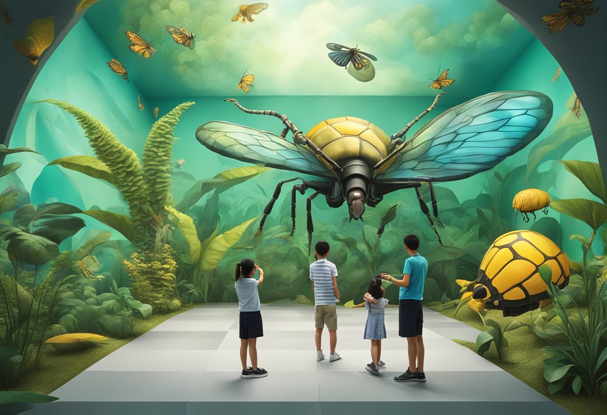 Visitors interact with 3D illusions, posing next to giant insects and stepping into surreal landscapes at the Trick Eye Museum in Singapore