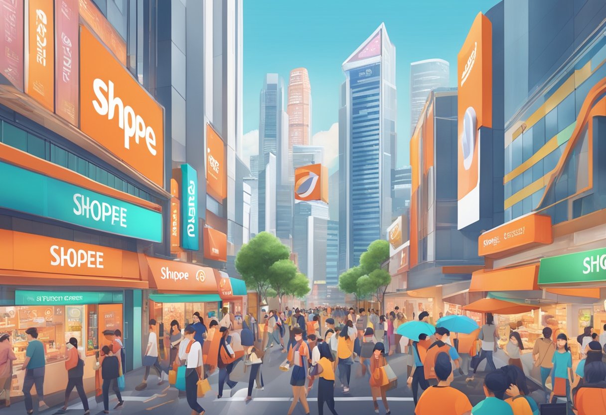 A bustling street in Singapore with the iconic Shopee logo displayed prominently on a storefront, surrounded by colorful signage and busy shoppers