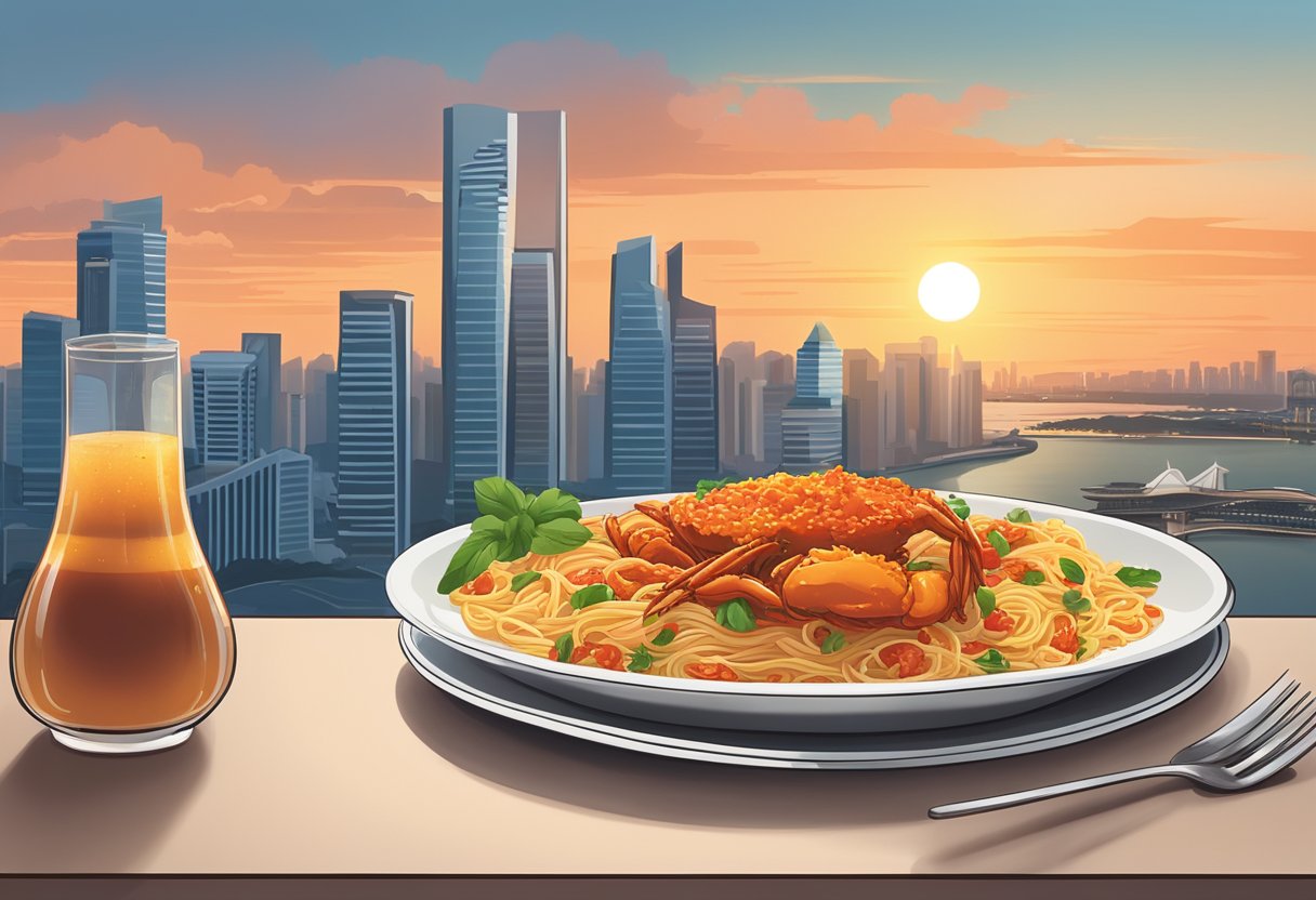 A steaming plate of pasta with chili crab sauce sits on a table overlooking the Singapore skyline at sunset