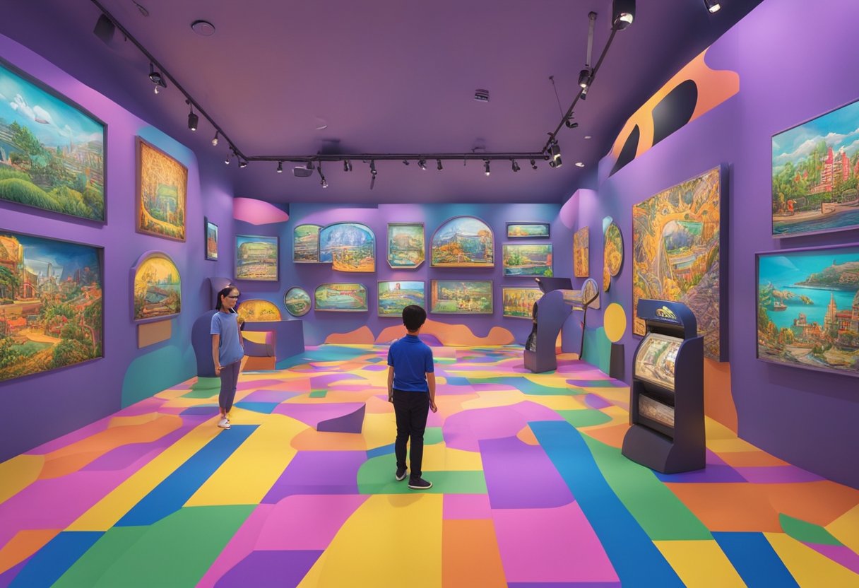 Colorful trick eye museum in Singapore, filled with optical illusions and interactive exhibits. Vibrant signs and maps guide visitors through the immersive experience