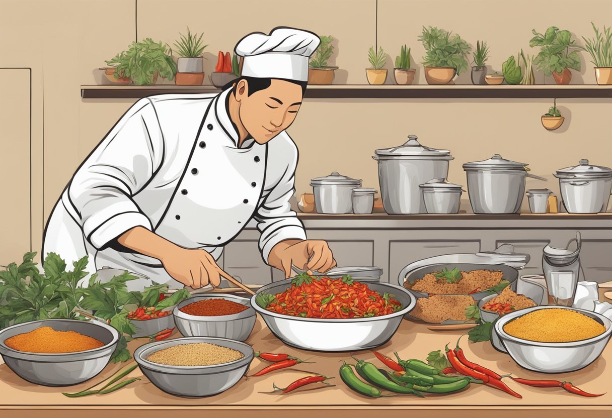 A table set with crab, chillies, garlic, ginger, and spices. A chef prepares ingredients, blending flavors for a signature chilli crab dish