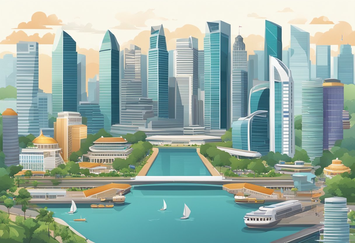 A massive, towering Singapore skyline dominates the city, with gleaming skyscrapers and iconic landmarks filling the landscape