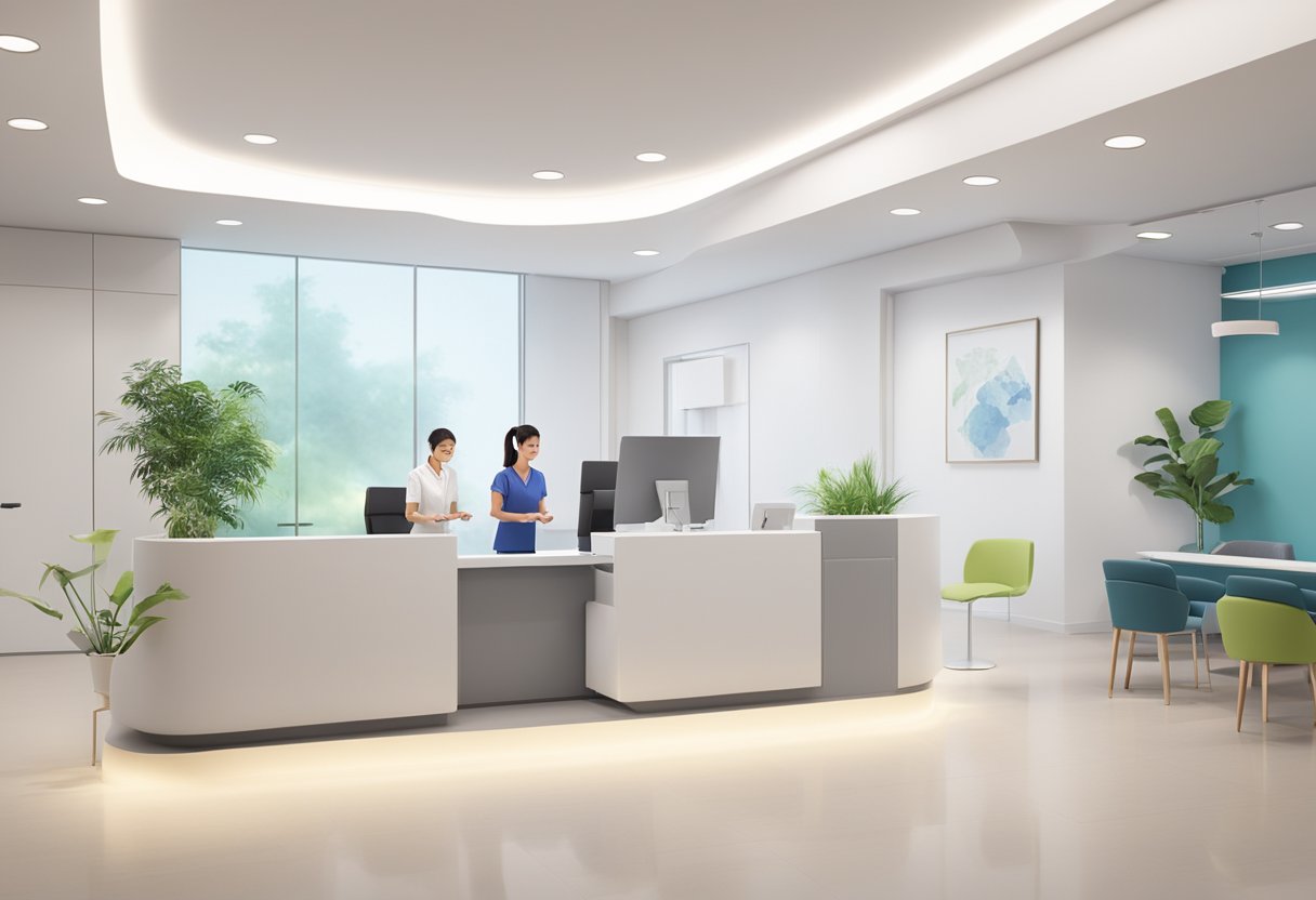 A modern Singapore clinic with clean, white walls, and bright lighting. A reception desk with a friendly receptionist. Various medical equipment and comfortable waiting area