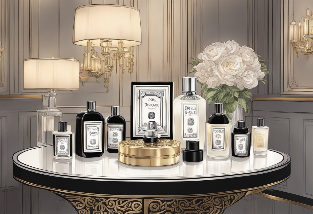 A table adorned with various Diptyque products, surrounded by elegant decor and soft lighting. A sense of luxury and sophistication emanates from the display