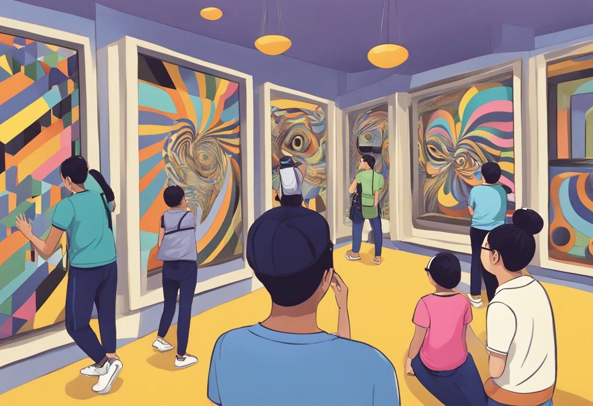 Visitors interacting with 3D optical illusions, taking photos and exploring the Trick Eye Museum in Singapore