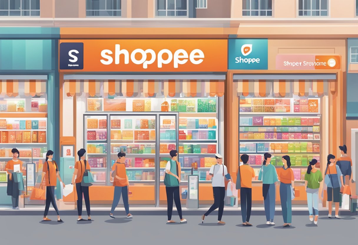 Brightly lit Shopee Singapore storefront with colorful displays, bustling with shoppers and staff. A variety of products are showcased, from electronics to fashion items